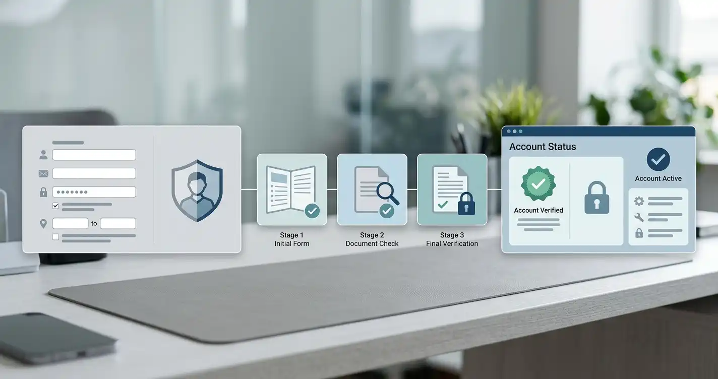 Generic account registration and identity verification workflow with form fields, identity check and status stages