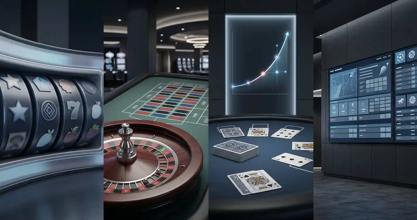 Slot reels, roulette, blackjack, a crash-game graph and sports betting.