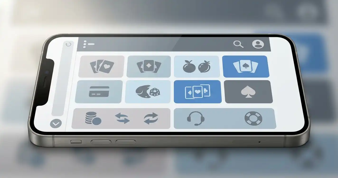 Generic smartphone displaying a responsive casino browser layout with game, cashier and support navigation