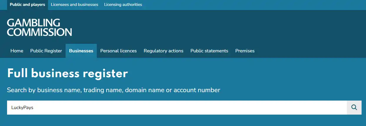 Gambling Commission public business register used to check LuckyPays licensing