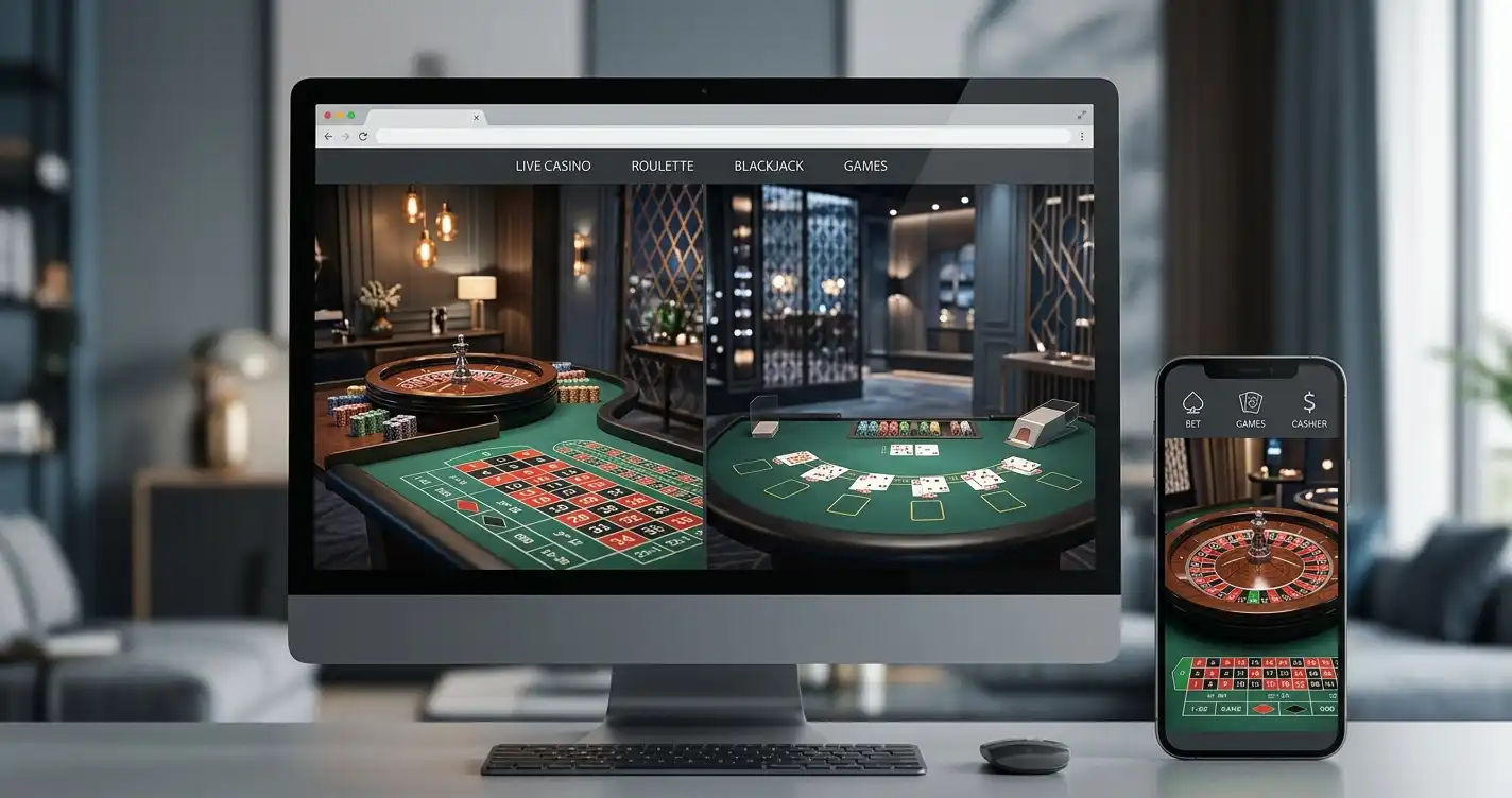 Generic live casino studio with roulette and blackjack tables shown across desktop and mobile screens