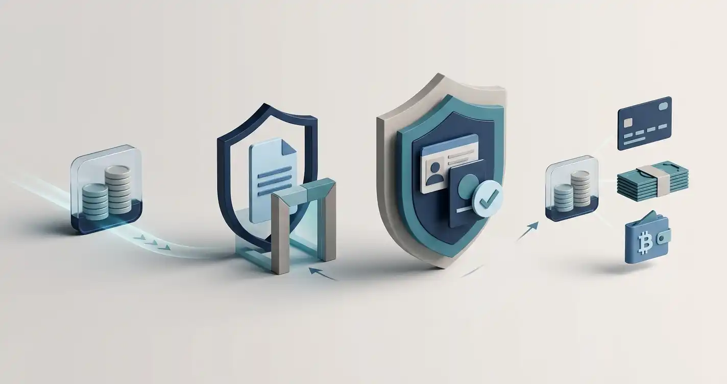Illustrated payout process from casino balance through review and KYC checkpoint to a bank or wallet