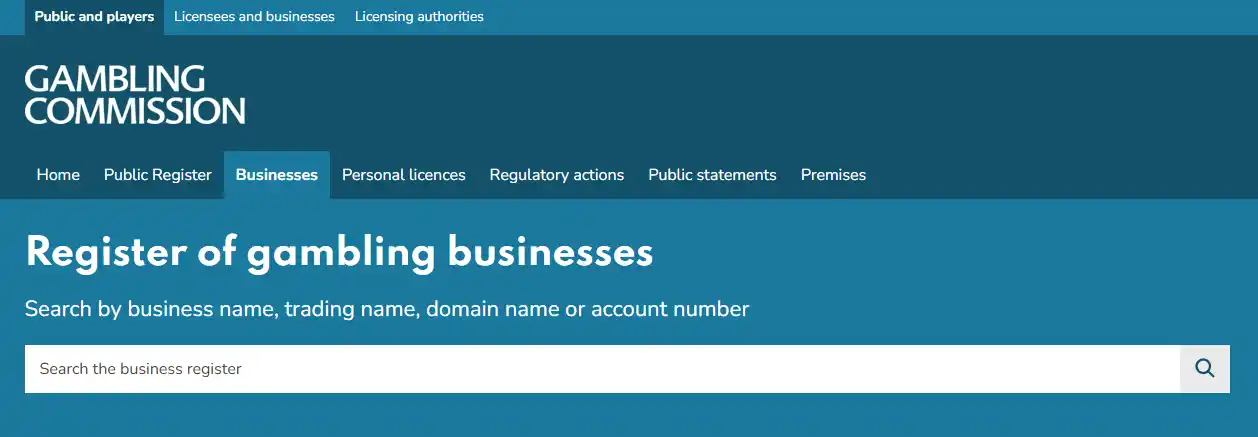The UK Gambling Commission business register and search interface.